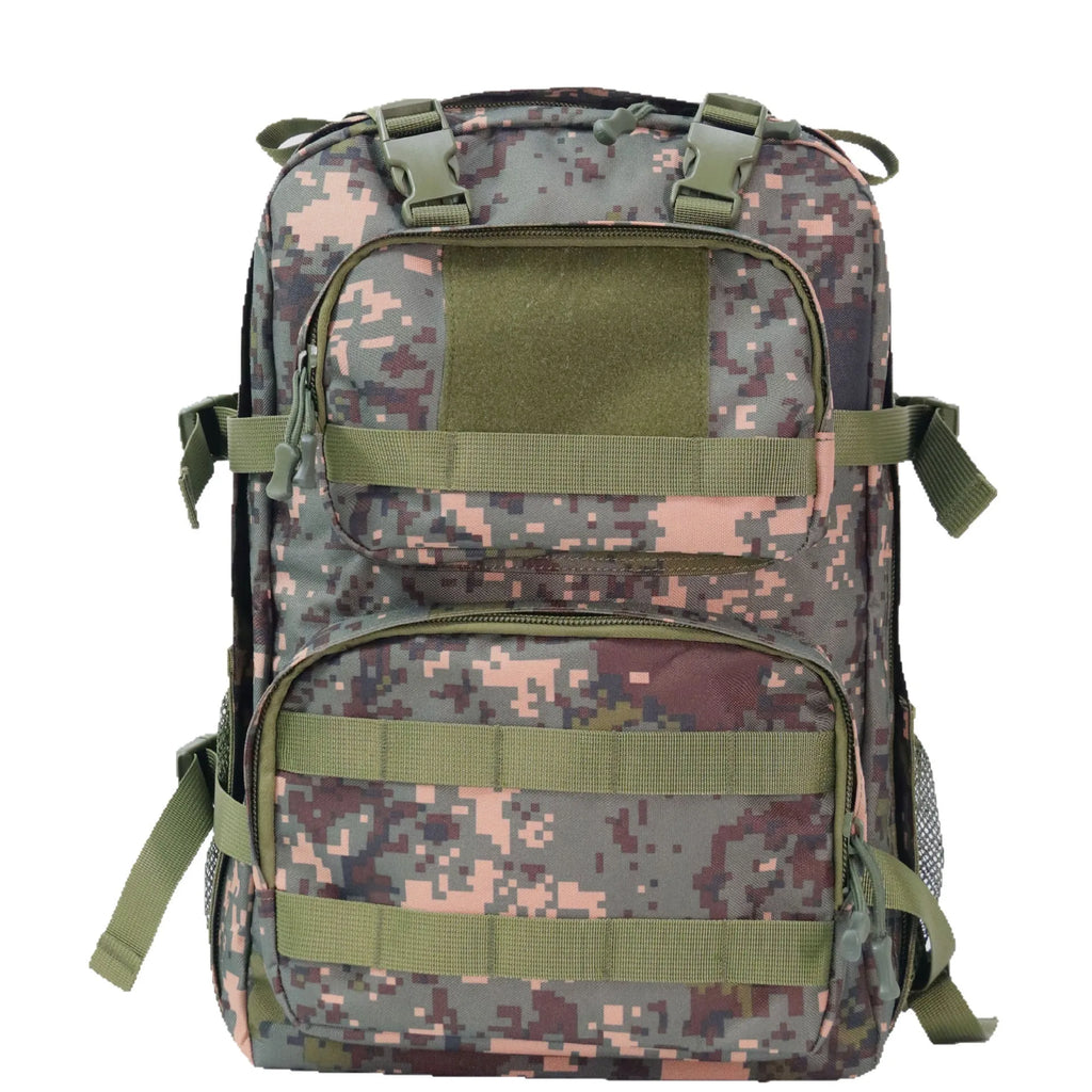 Camouflage waterproof outdoor rucksack with air pillow belt showing 30x15x46cm dimensions