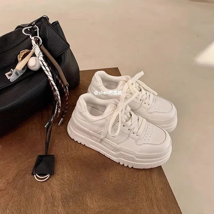 White platform height increasing lace up sports board shoes for women, low top cowhide, 6-8cm heel