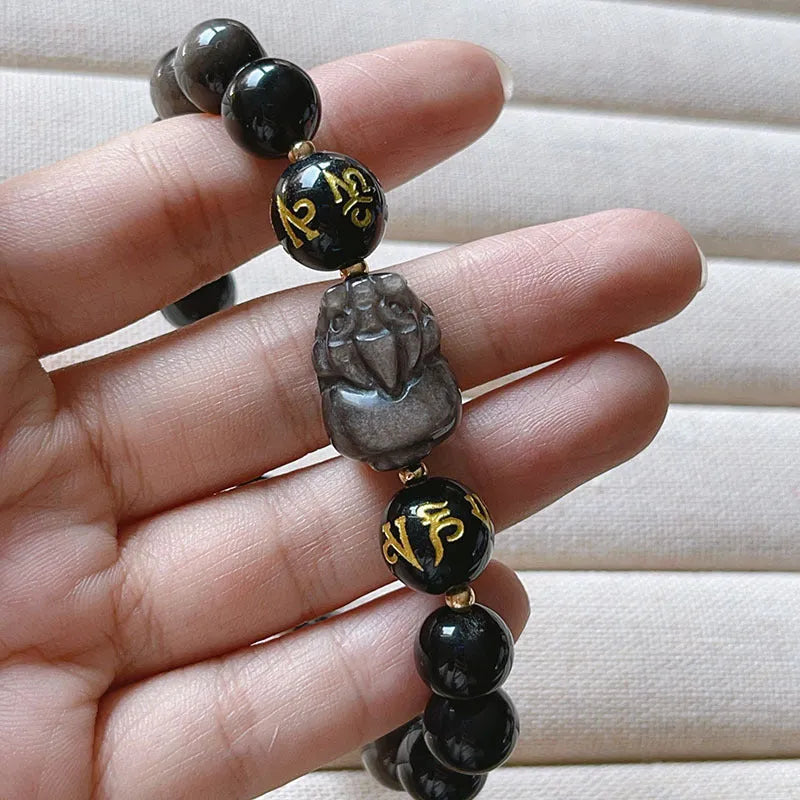Men's silver stone bracelet featuring Chinese zodiac design, anniversary year motif and six-word proverbs bead