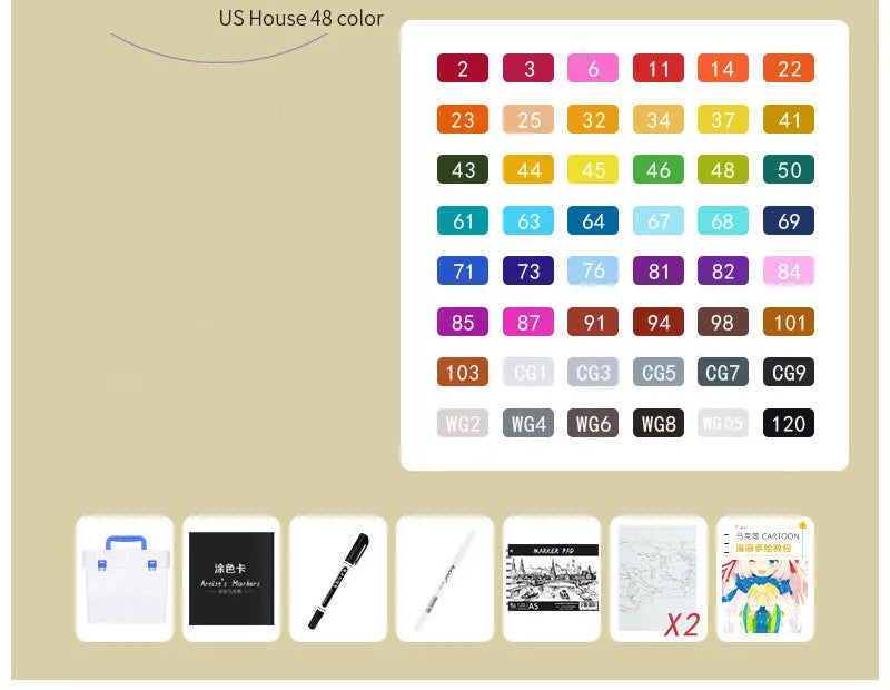 48-colour oily soft-tip marker set with square rods, round and oblique head tips for hand-painted design