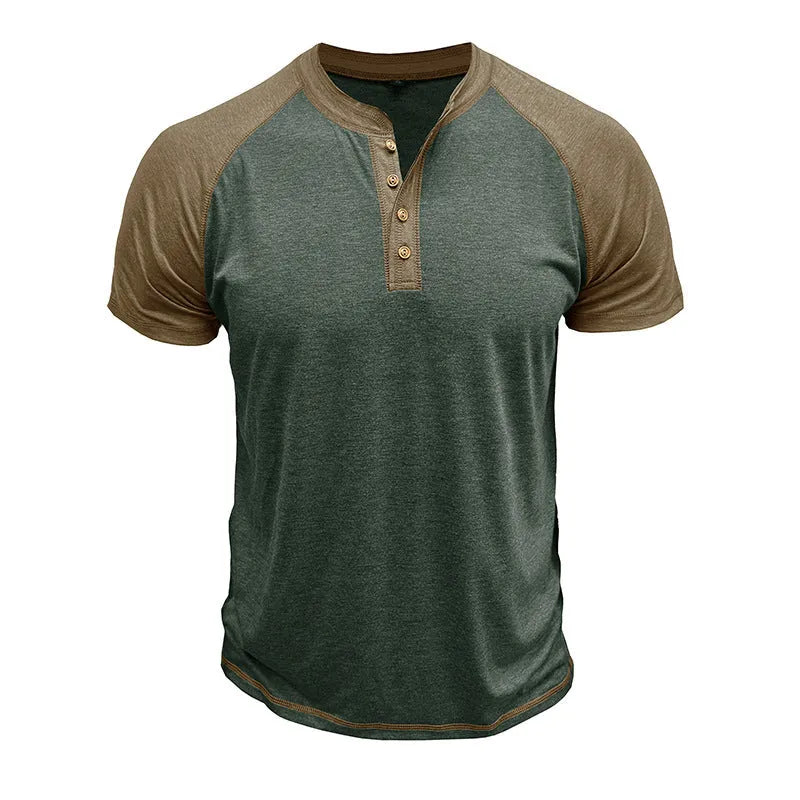 Men's short sleeve colour block pullover top with raglan sleeves in cotton blend fabric.