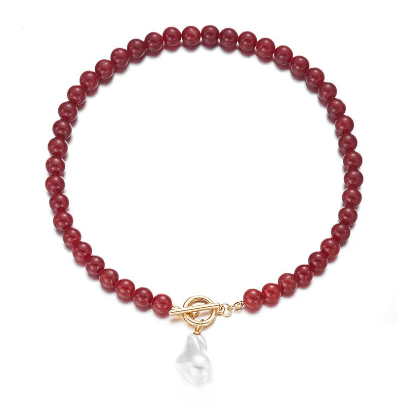Hand-knit black natural gravel necklace with imitation pearl heart pendant on 31-40cm pearl chain for women