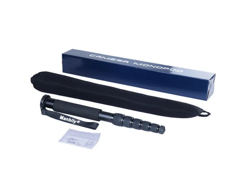Manbily A-555 aluminium alloy camera monopod in black, extended to full height with three-prong stabiliser attached