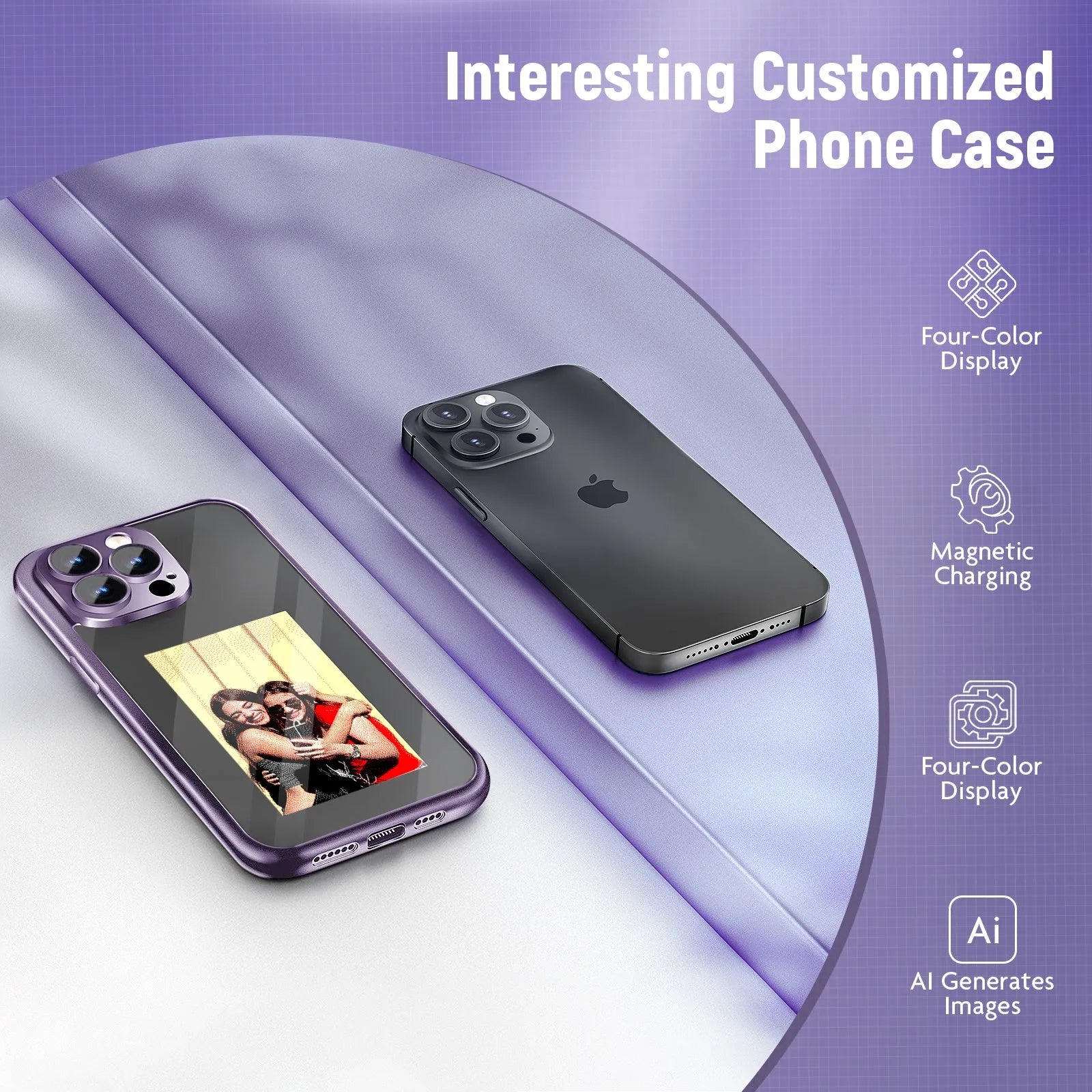 Black iPhone 15 Pro flip case with NFC ink screen for custom DIY designs