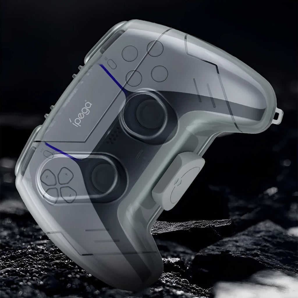 Transparent grey hard plastic game controller storage case showing inside space for controller