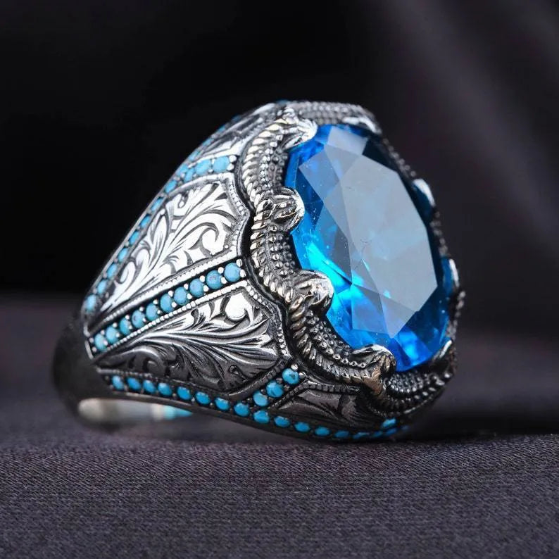 Geometric blue zircon couple ring with diamond accents in antique silver finish