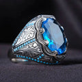 Geometric blue zircon couple ring with diamond accents in antique silver finish
