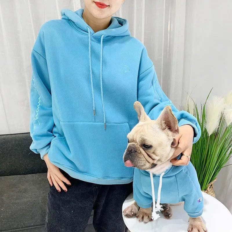 Tide Brand plus velvet three-person parent-child dog costume top in purple colour with cloth material