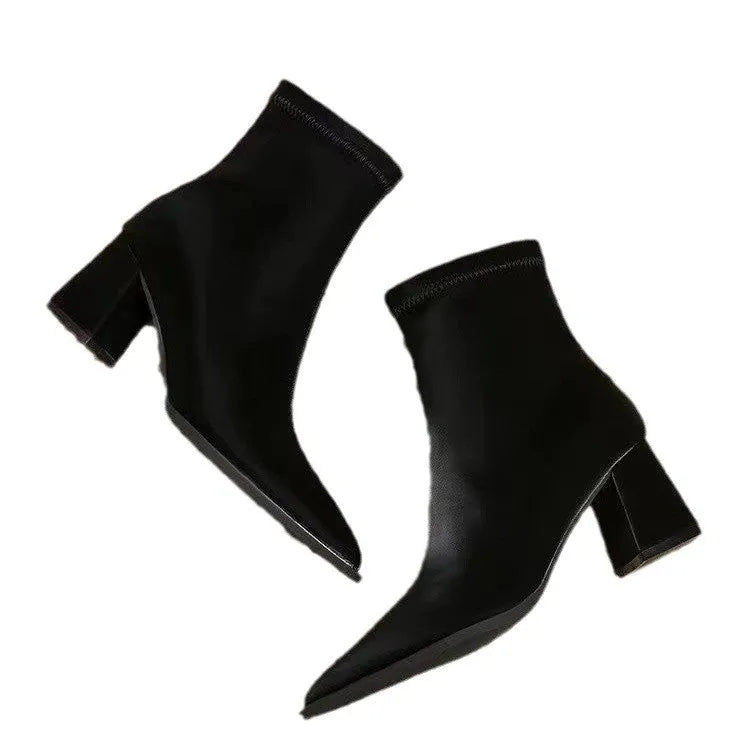 Women's khaki stretch suede pointed Martin boots with wedge heel on rubber sole