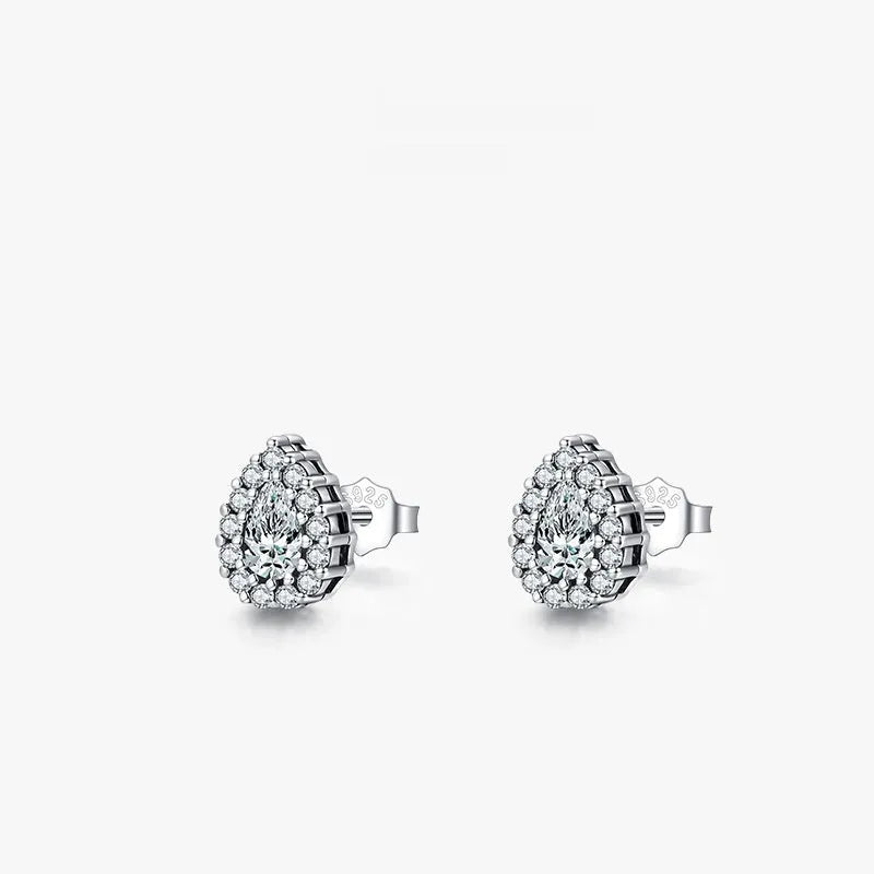 Women's drop shape ear studs in 925 sterling silver with diamond treatment