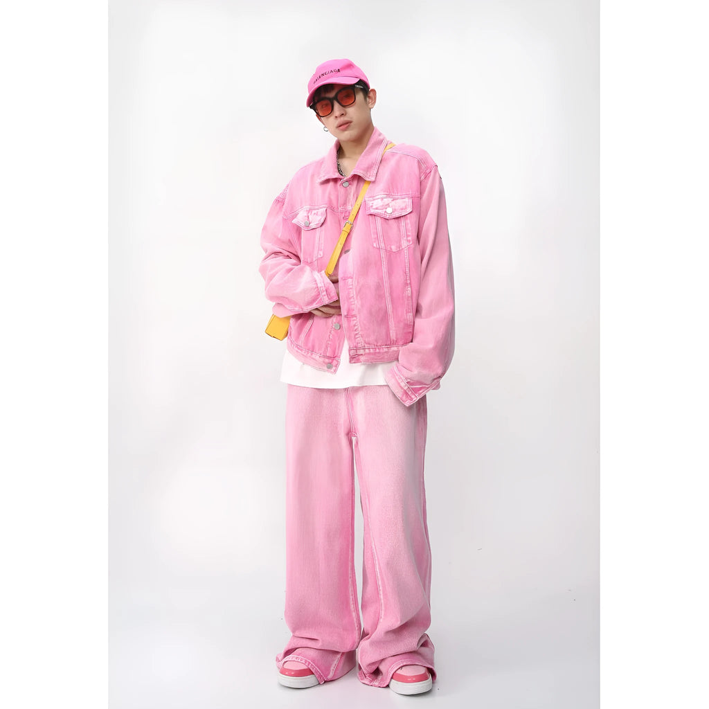 Denim jacket straight jeans set for men cotton spring pink colour