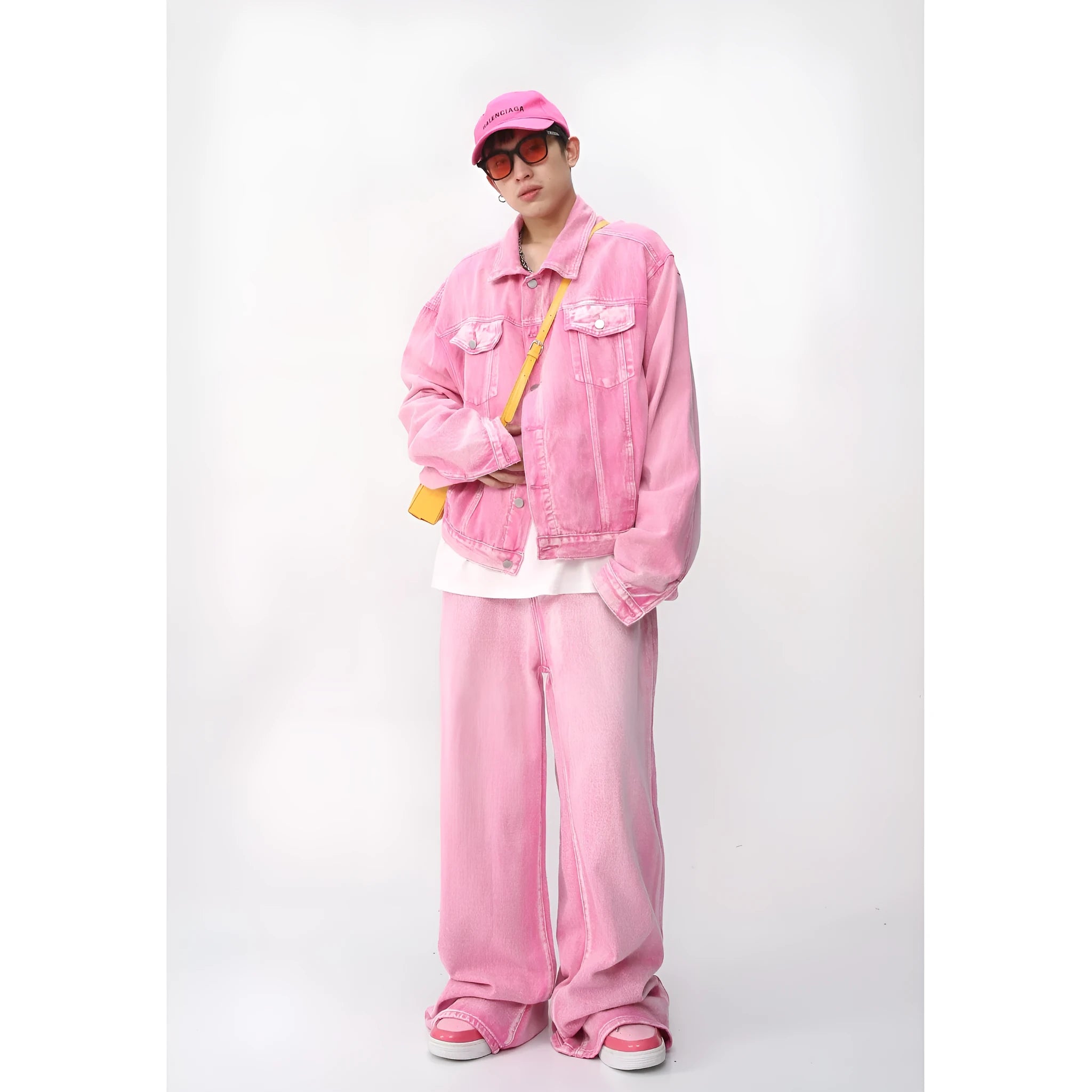 Denim jacket straight jeans set for men cotton spring pink colour