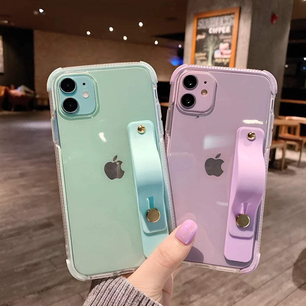 Transparent two-colour silicone phone case with a flip-out stand, shown in multiple colours.