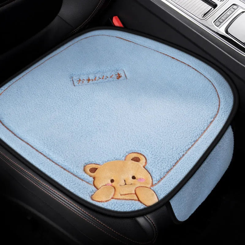 Trendy bear-grey three-piece car seat cushion set with square pad and lumbar support pillow.