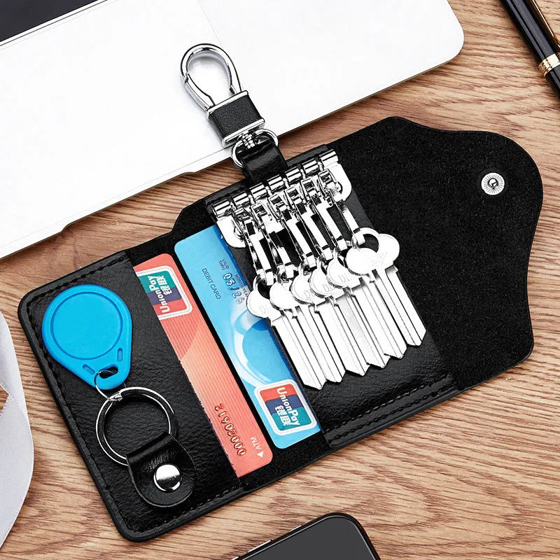 Genuine leather keychain card holder in square vertical design with key organisation