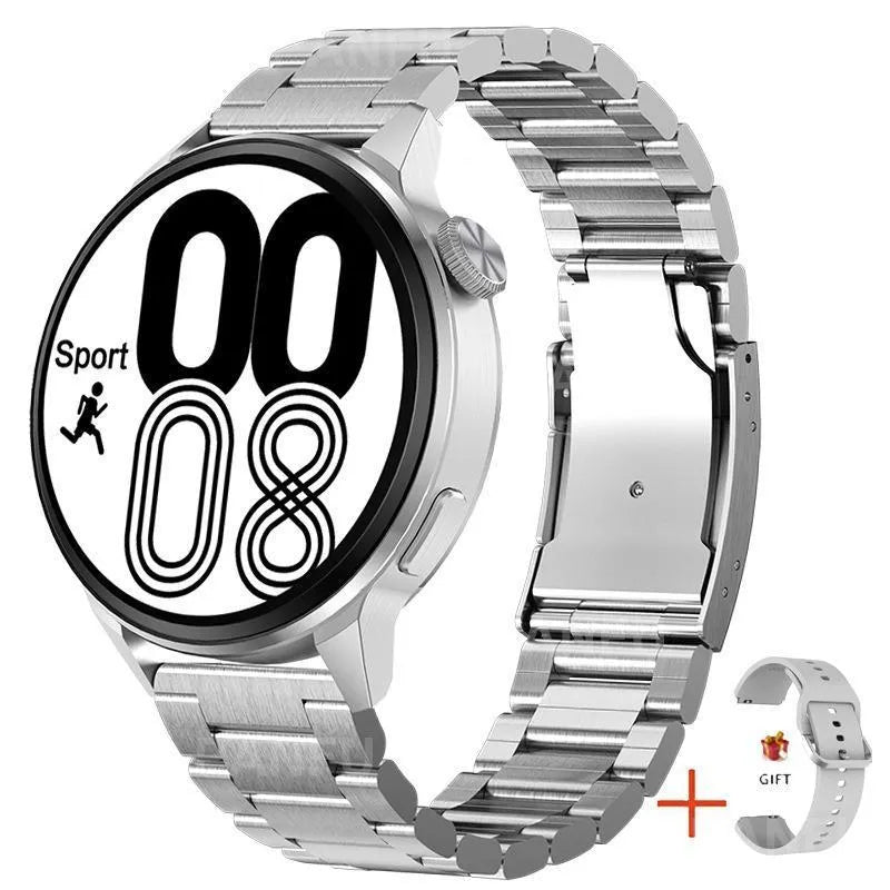 Smartwatch with 1.36in HD colour screen, Bluetooth calling, wireless charging, IP68 waterproof, 44x11mm case, 20mm strap, Black Gold Silver