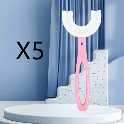 A colorful U-shaped soft rubber kids toothbrush with vibrant colors and a flexible design for effective and gentle dental care.