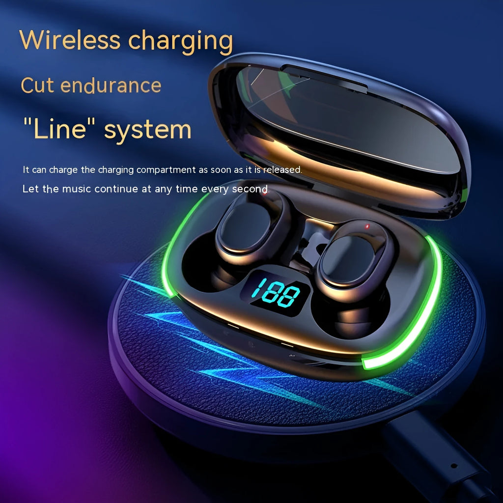 Black Y80 wireless Bluetooth in-ear earphones showing digital power display screen