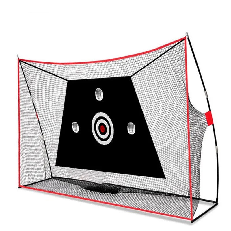 Golf swing wedge training net kit with straw mat, red PU balls, and practice accessories laid out