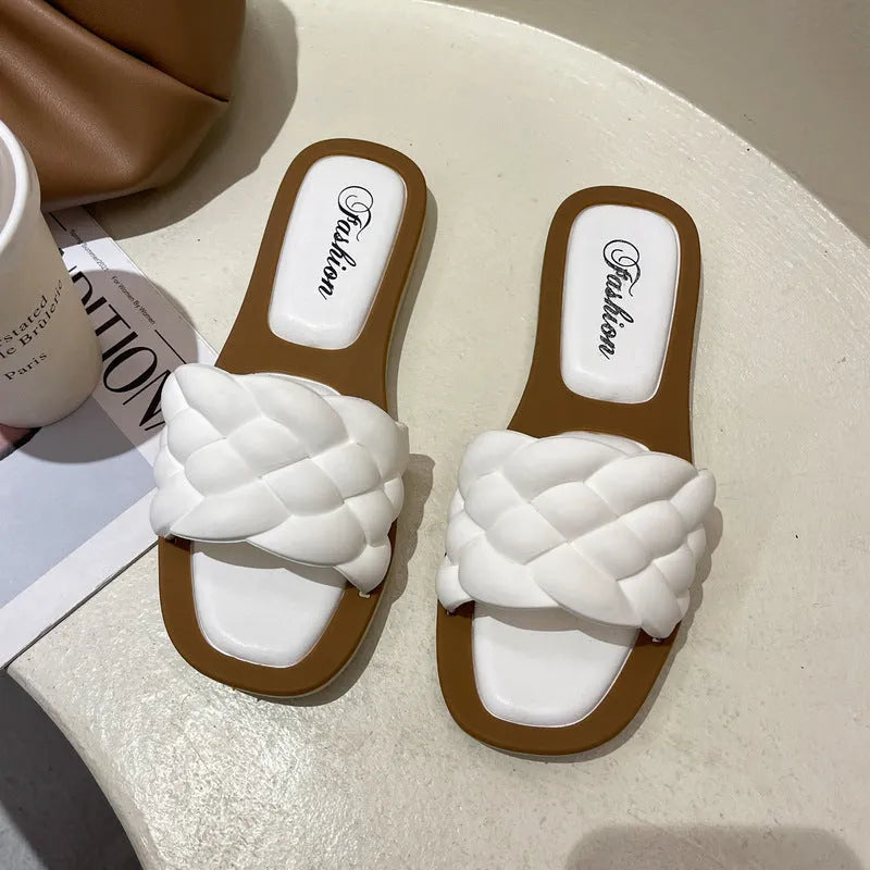 Women's plaid-patterned PVC beach sandals with a thick anti-skid sole, shown in white, green, orange, and black.