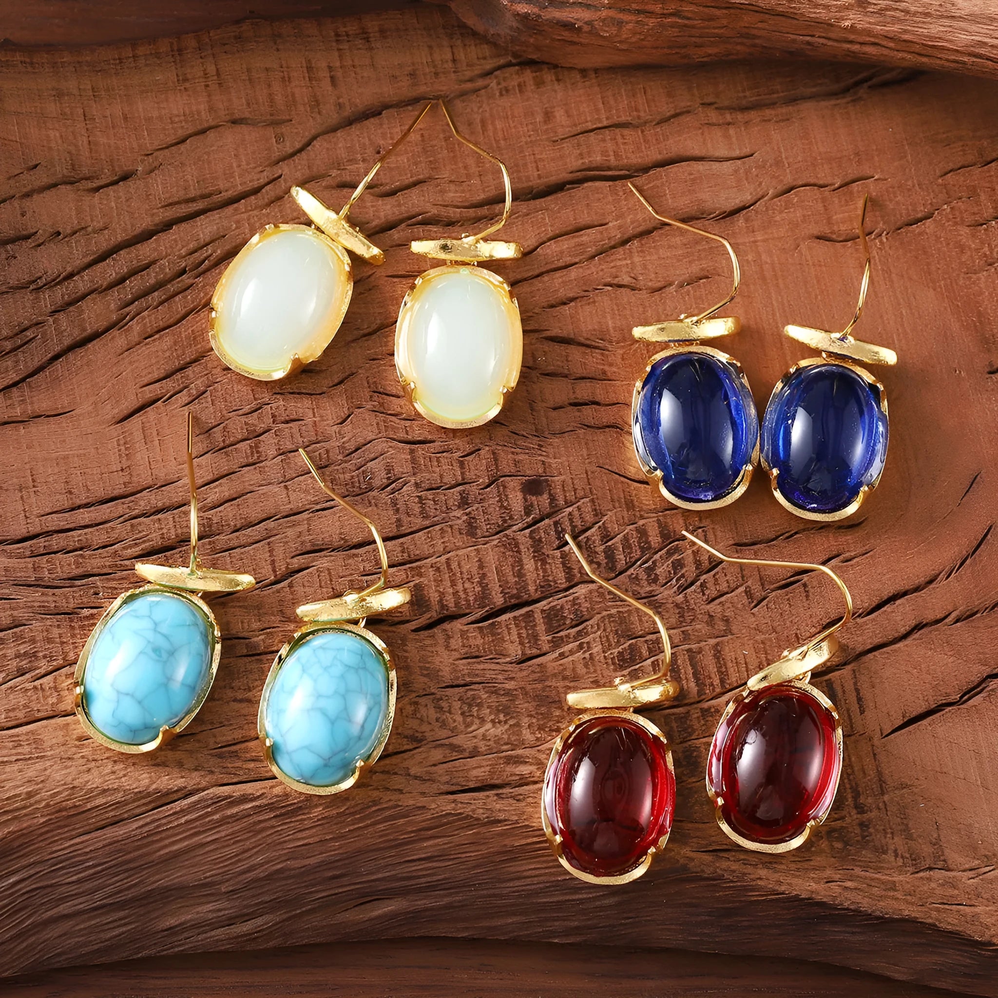 Zinc alloy geometric pendant earrings for women in ruby, sapphire, turquoise, and white gemstone colours