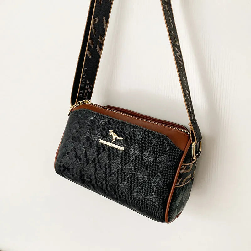 Soft PU leather messenger bag with sewing thread detail, 23x14x11cm, available in black and white