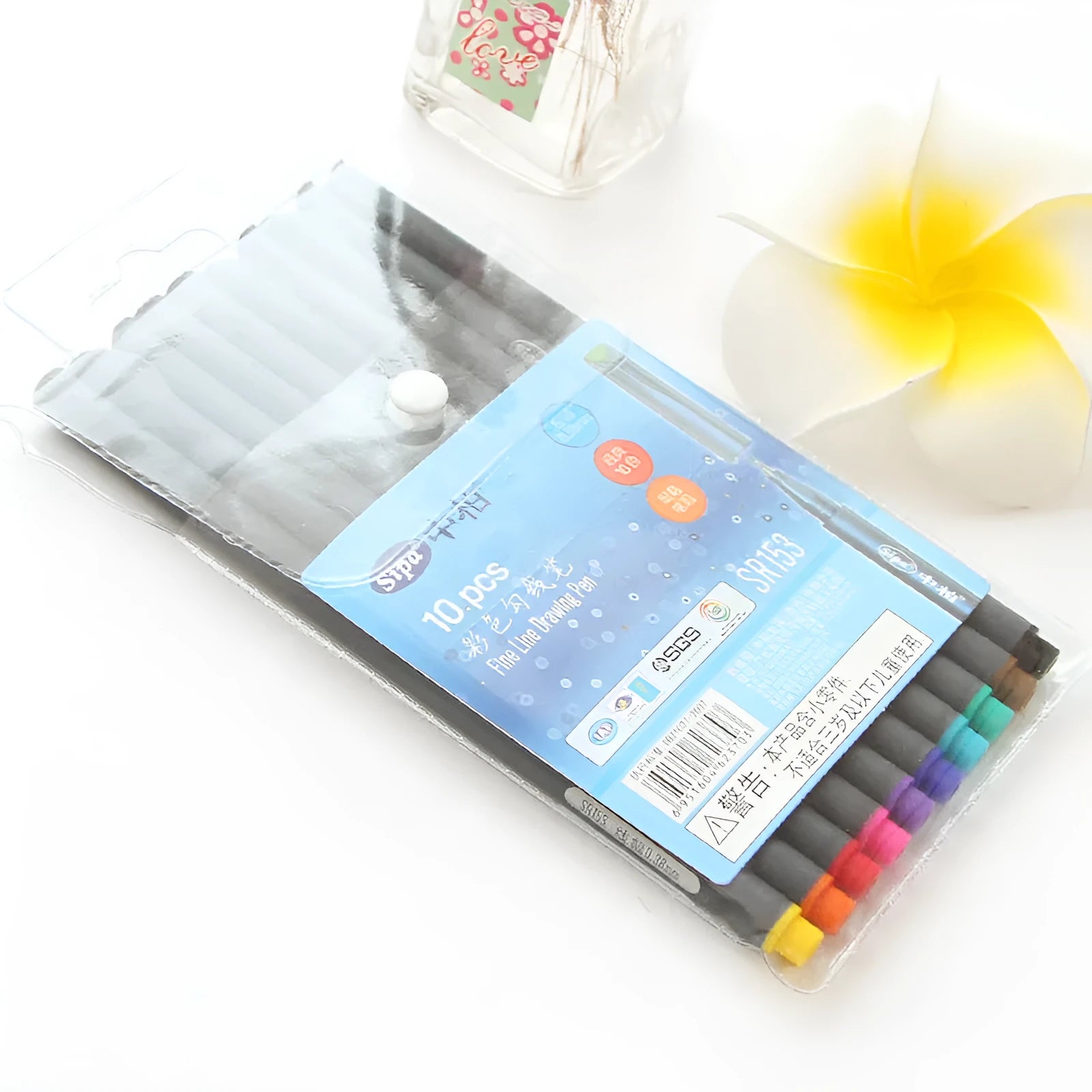 Ten hook line drawing pens with 0.38mm fine point tips and syringe-style barrels for technical drafting