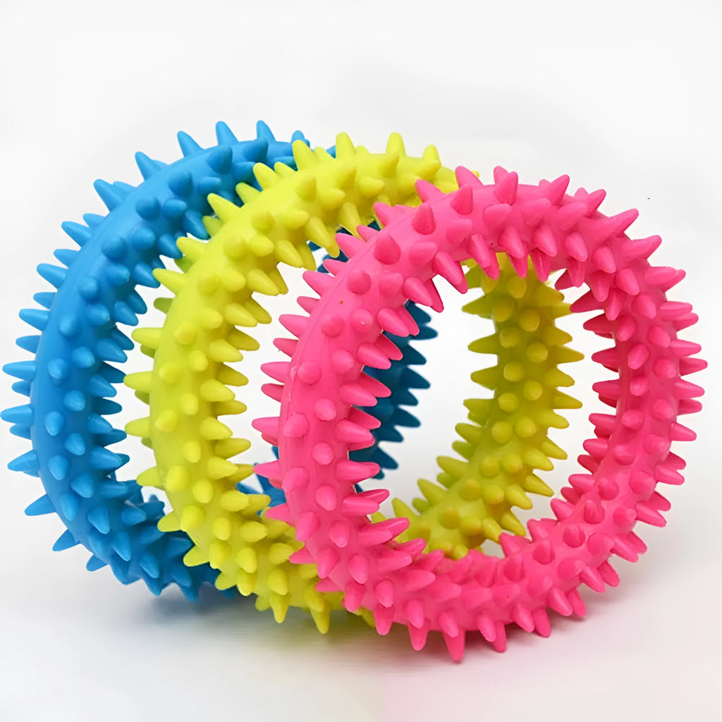 Blue spiky circle ring dog chew toy made from TPR for dental cleaning and bite training.