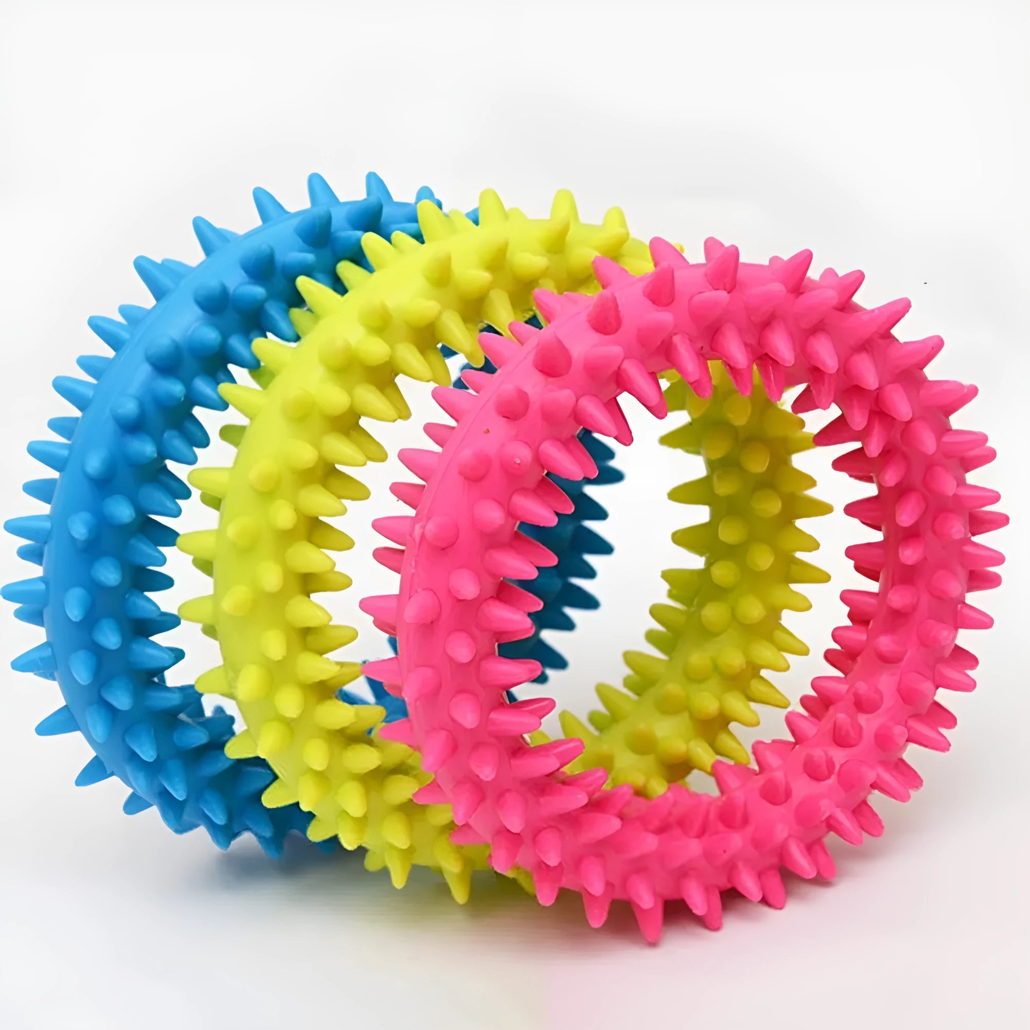 Blue spiky circle ring dog chew toy made from TPR for dental cleaning and bite training.