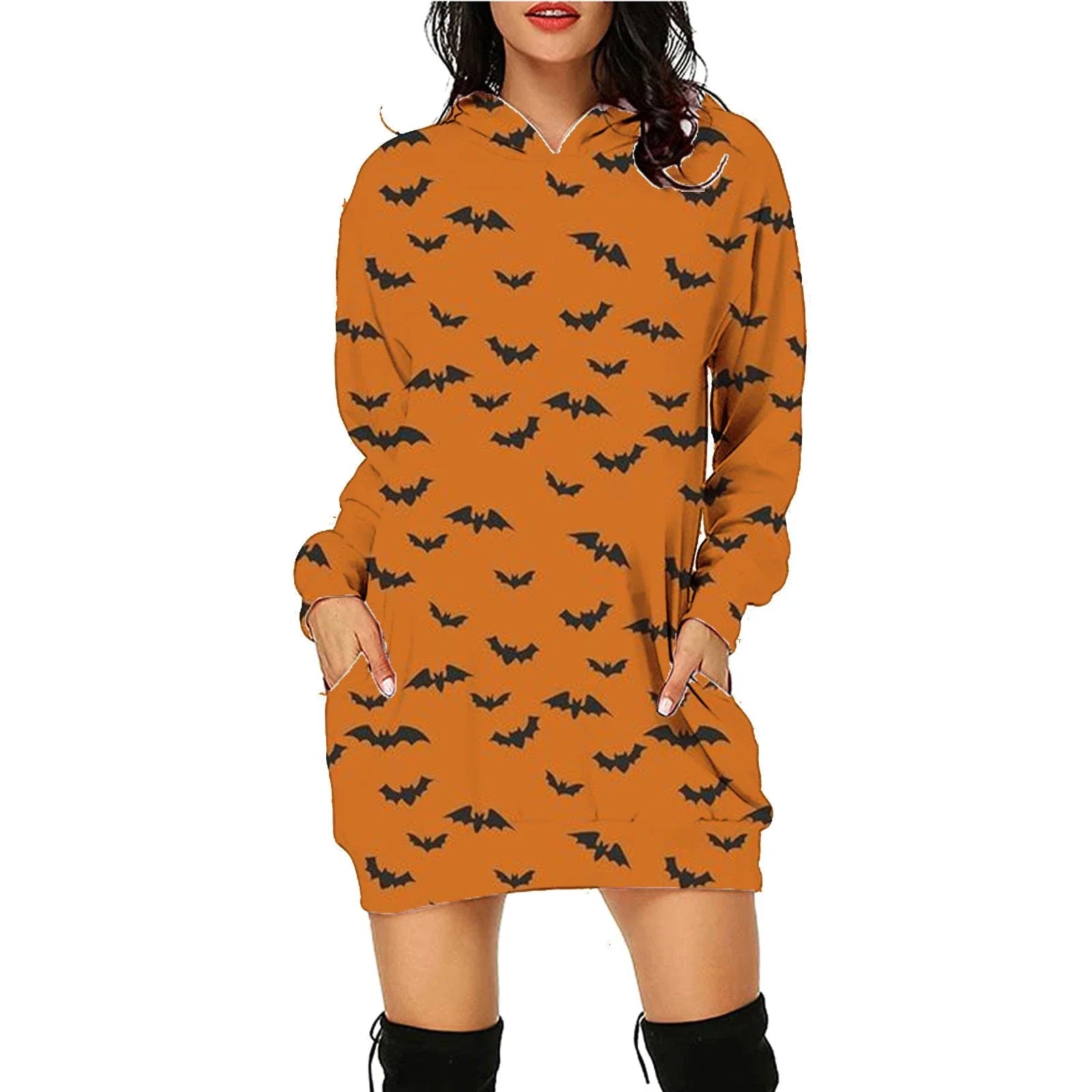 Women's long-sleeved Halloween hoodie with pockets, featuring a unique printed design in a variety of vibrant color options.