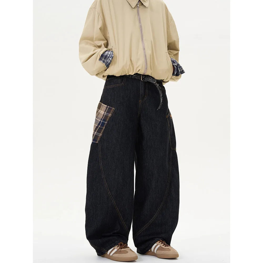 Women's loose retro straight-leg casual trousers in a red plaid pattern, made from cotton.