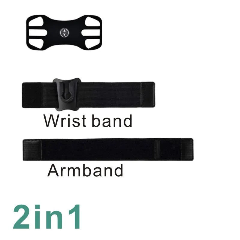 Black sports phone case with detachable arm and wrist strap on a grey background