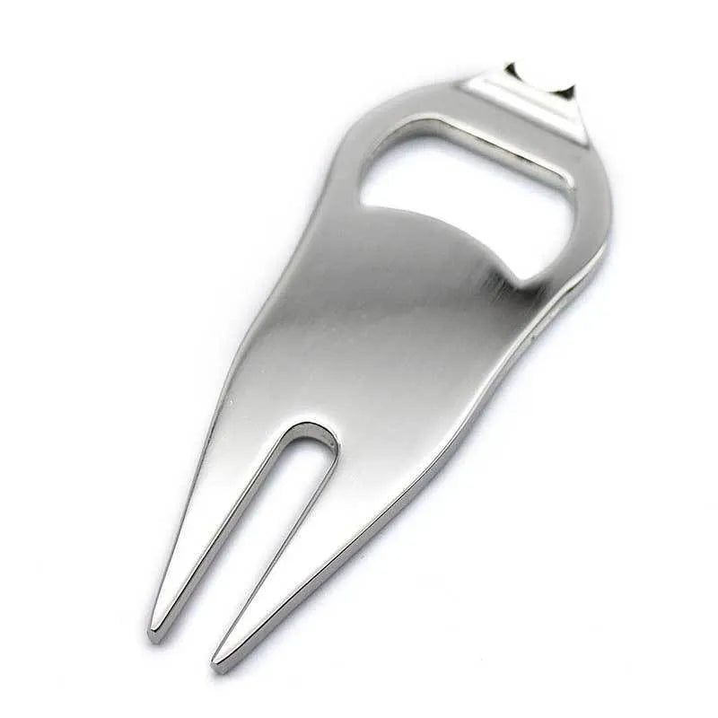Zinc alloy golf putting tool with ball yoke, turf fork and bottle opener in black green silver options