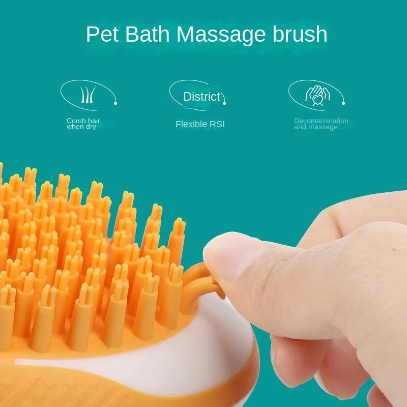 2-in-1 pet bath brush with soft silicone bristles and non-slip grip, in green, for grooming dogs and cats