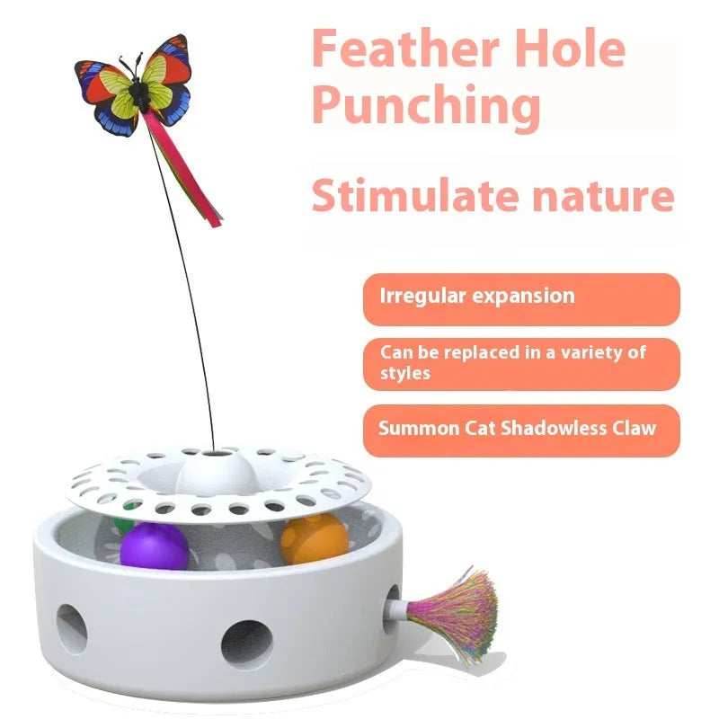 Pink and white ABS PP electric three-in-one cat toy with turntable, butterfly feather, and excavator movement