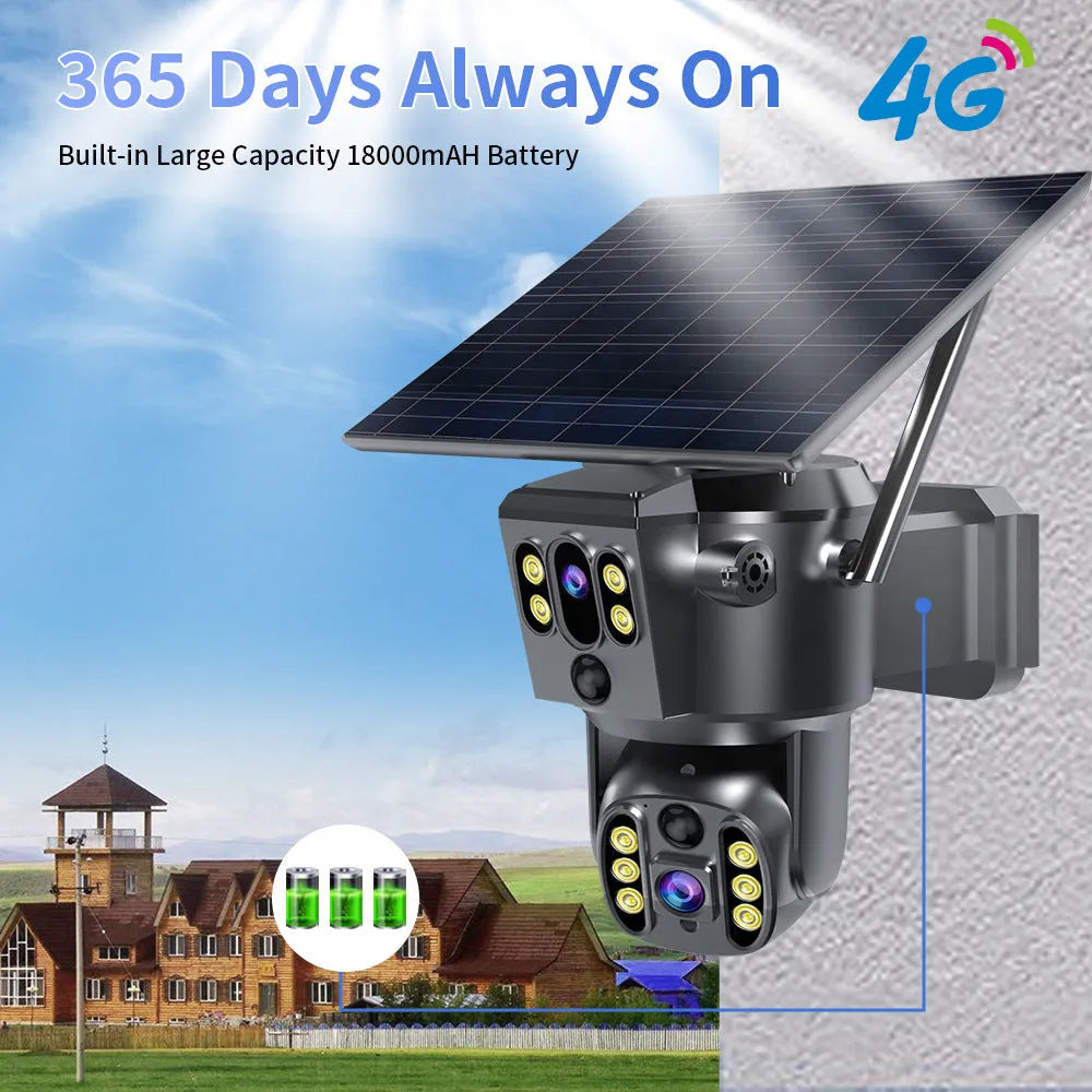 Solar-powered outdoor security camera with dual lens monitor on wall mount