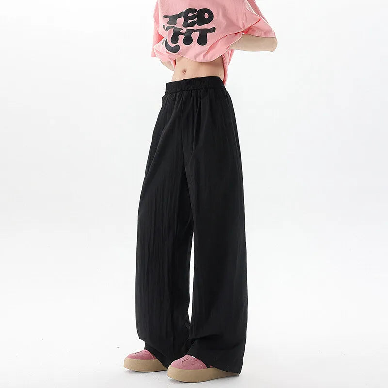 Men's high-waist wide-leg casual trousers in thin polyester blend, long mopping style, available in nine colours