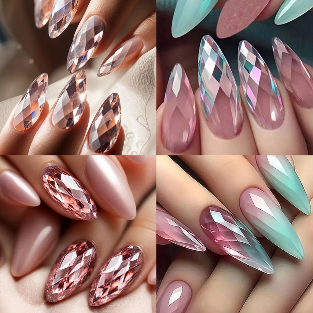 Set of 3D diamond texture long artificial nail tips in various colours from Diamond Nail collections.