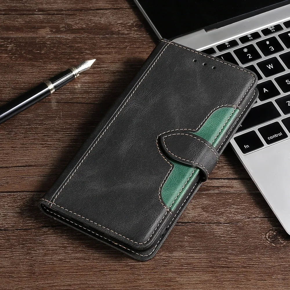 Flip phone case with card slot and kickstand bracket for Apple iPhone, available in black, brown, red, blue