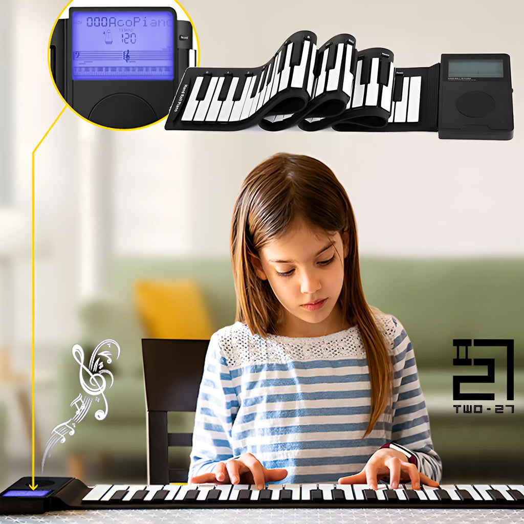 Black 88-key roll-up digital piano with USB power and 16 sound functions