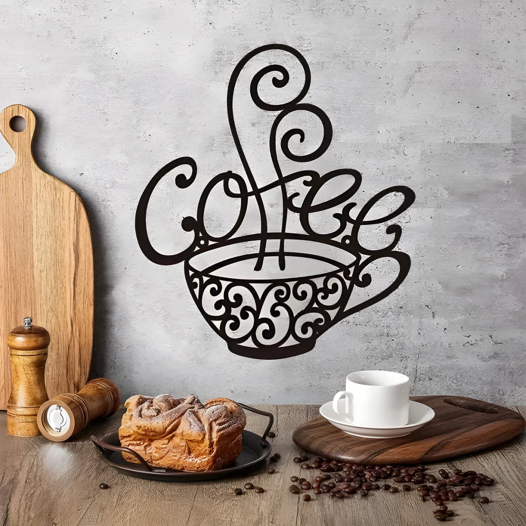 Black wrought iron wall decoration with English letters silhouette design measuring 26×28cm