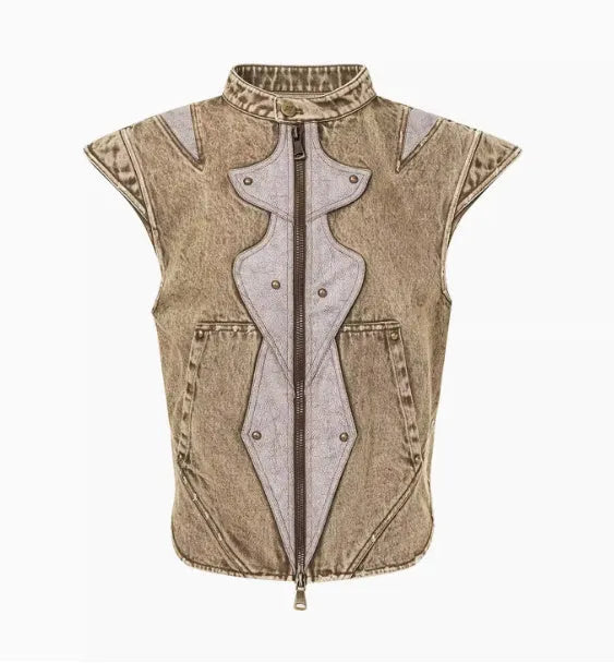 Men's Korean style denim vest with pleated detailing in picture colour