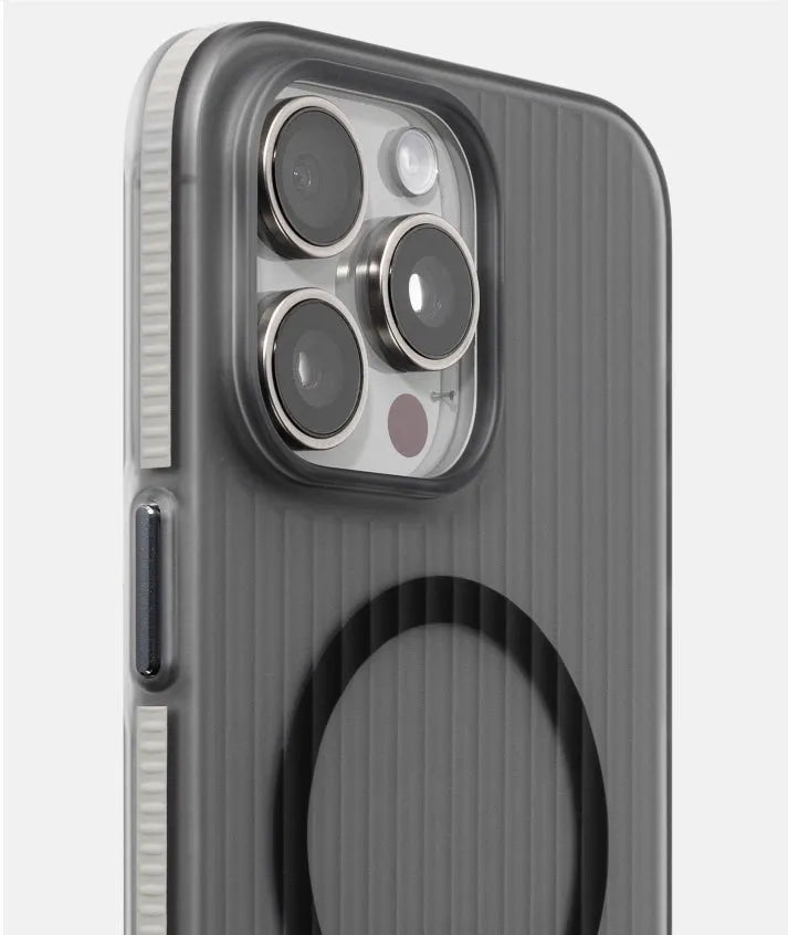 Transparent black magnetic phone case with striped anti-slip bar for iPhone 13, 14, 15 models.