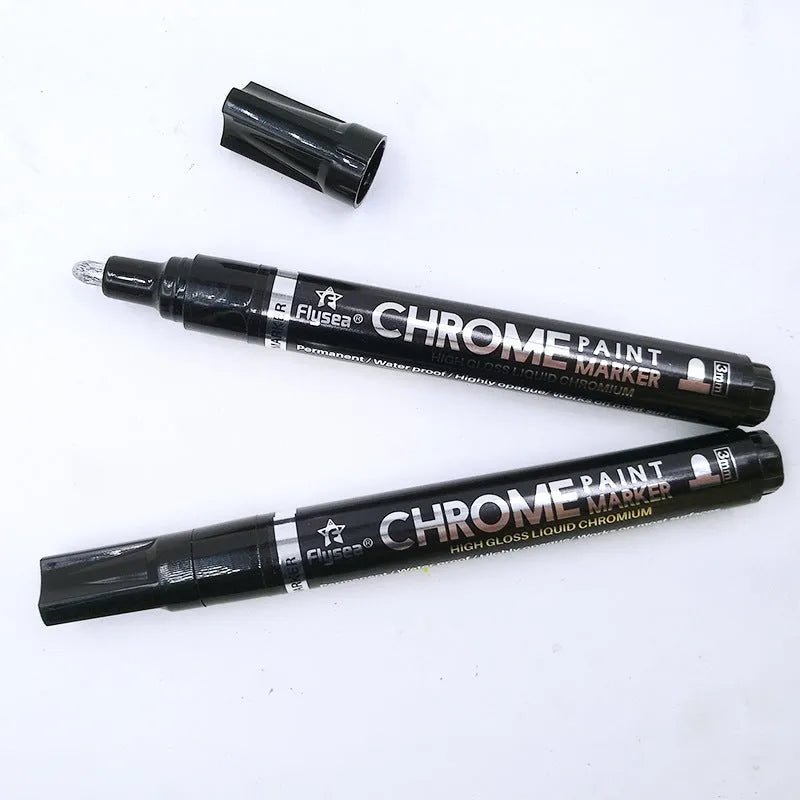 Flysea chrome-plated mirror finish paint pen with 3.0mm tip for writing on metal, glass, and other hard surfaces.