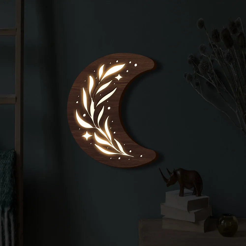 Bohemian style three-dimensional wooden leaf crescent pendant lamp with battery box