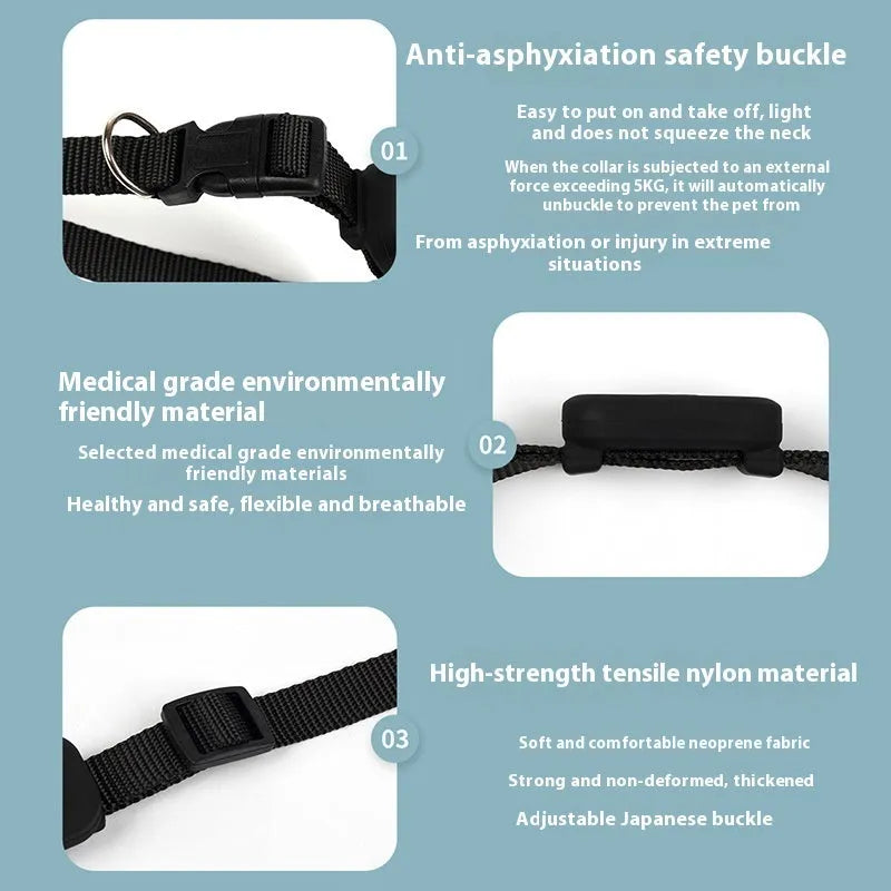 Bluetooth pet positioning collar for cats and puppies in adjustable 28-39cm size with black, blue, and pink colour options