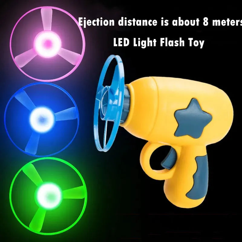 Flying saucer launcher toy set with gun and coloured discs for outdoor children's play