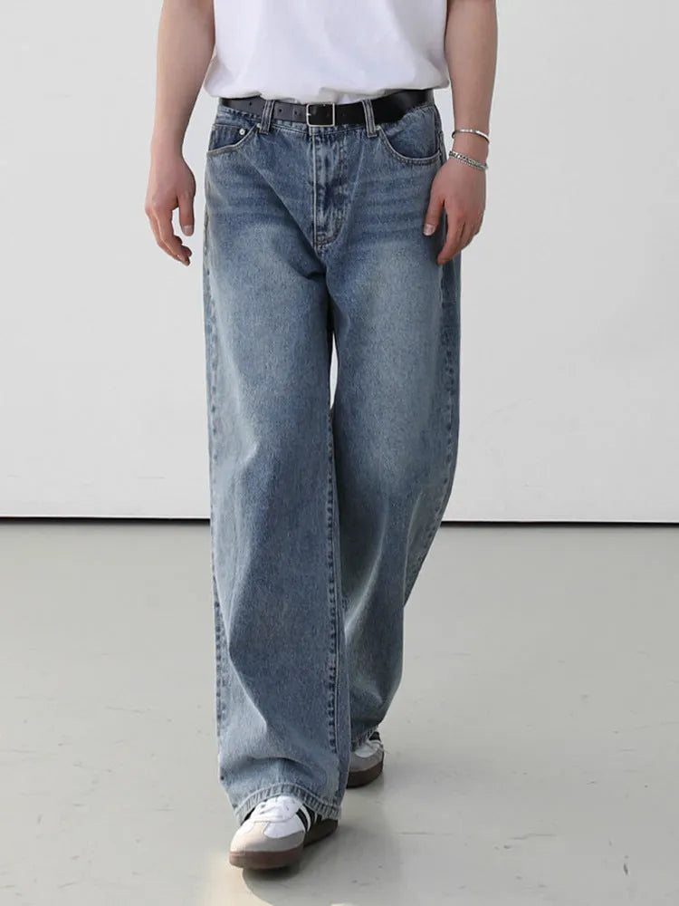 Men's retro washed blue jeans, cotton mid waist trousers, casual leisure pants, sizes M to 2XL