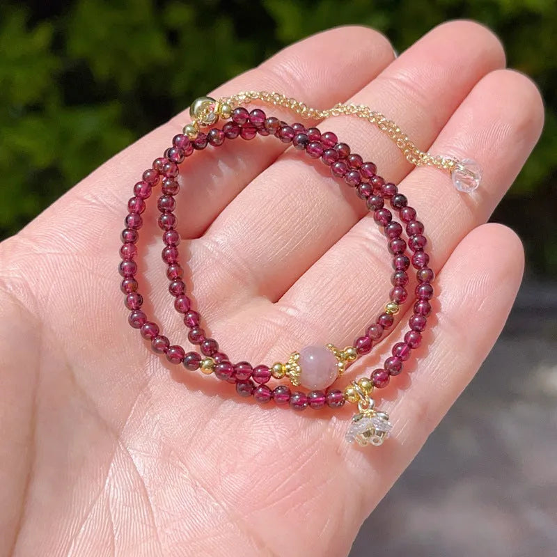 Women's natural garnet bracelet with double ring design in H311 colour, handcrafted using manual processing techniques