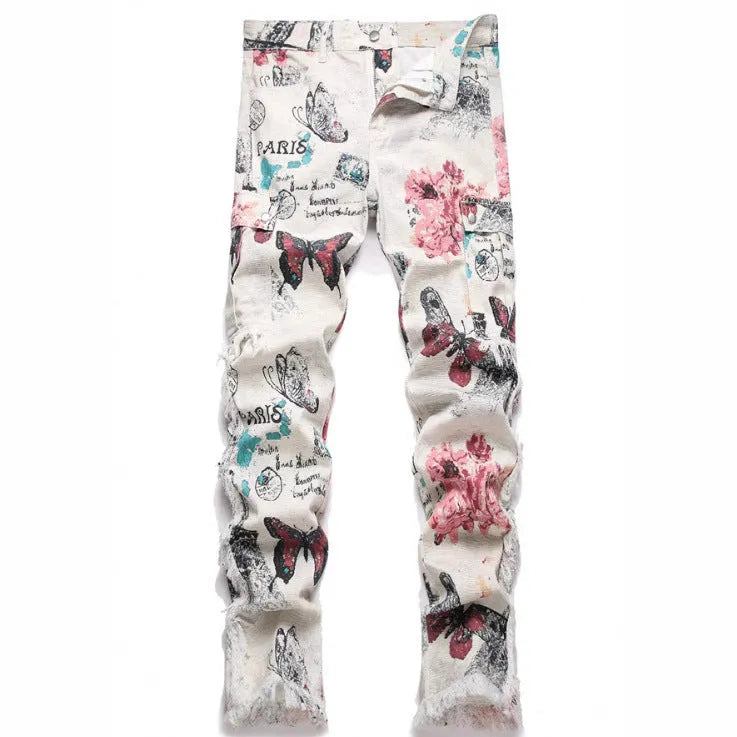 Men's slim fit denim trousers with digital animal print pattern on cotton fabric